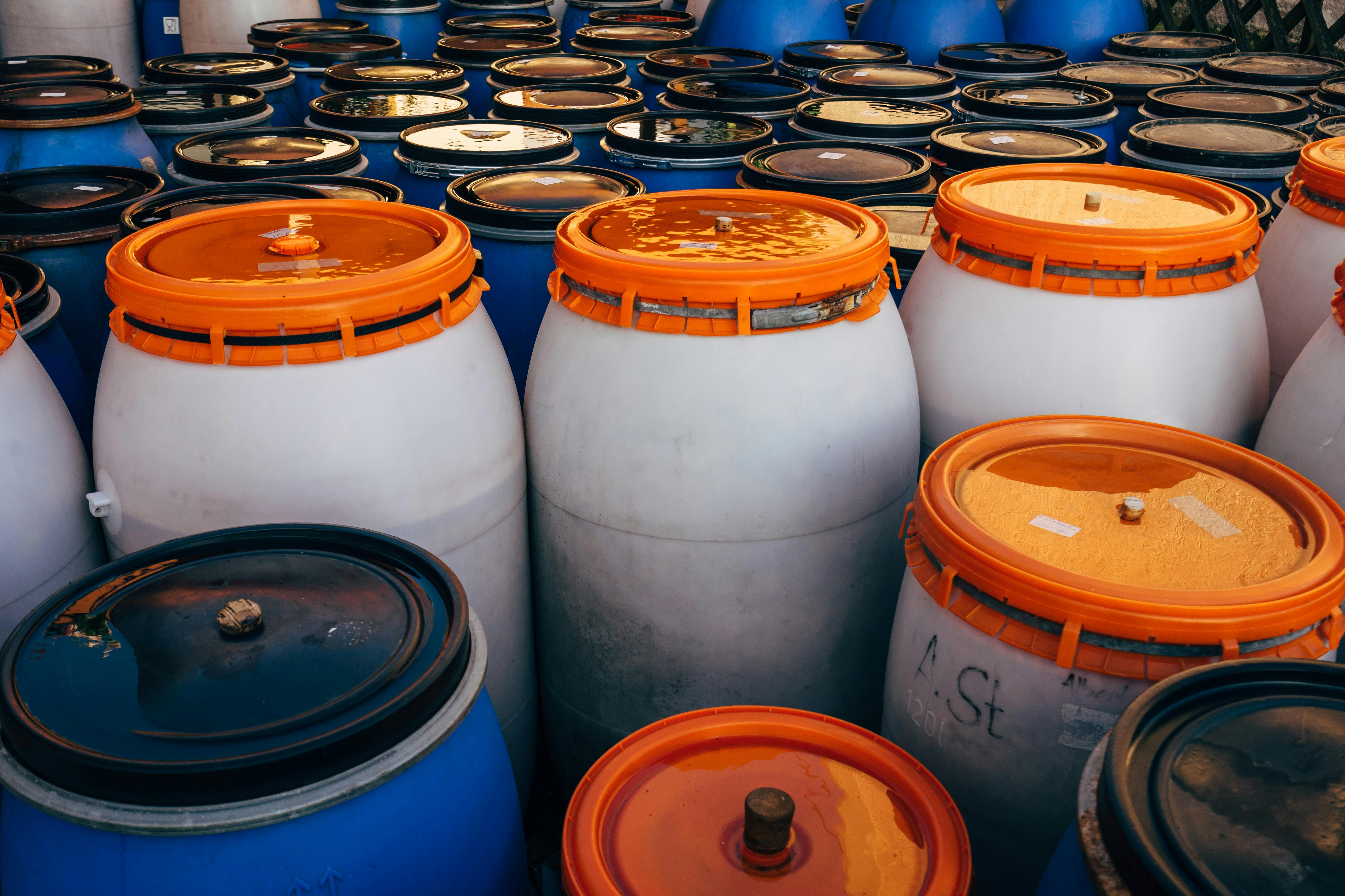 Barrels of collected used cooking oil